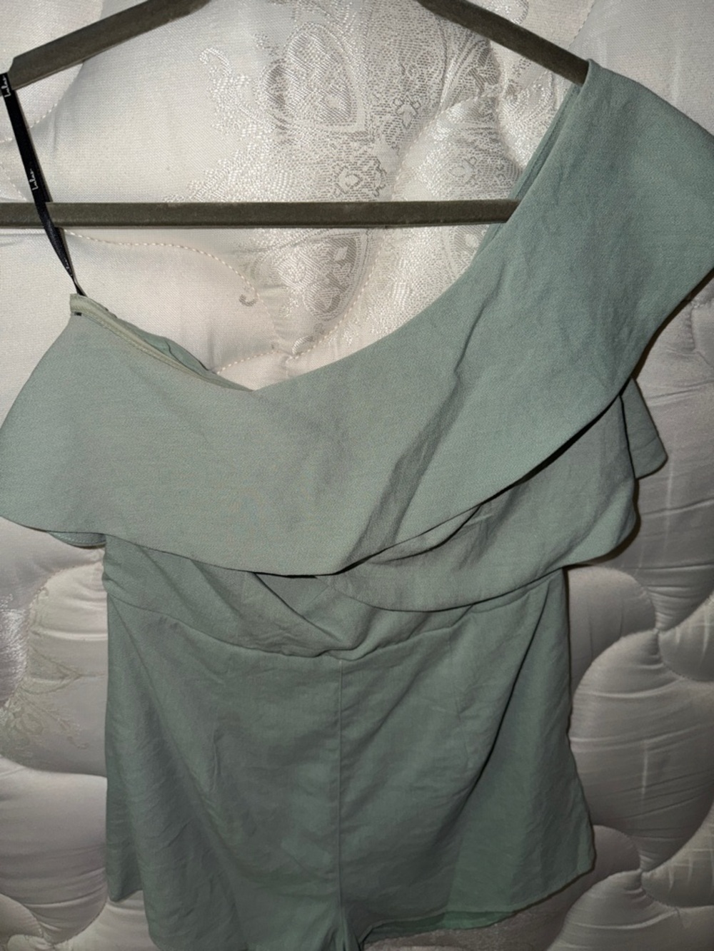 Lulu's One-Shoulder Ruffle Romper in Sage - Picture 4 of 4